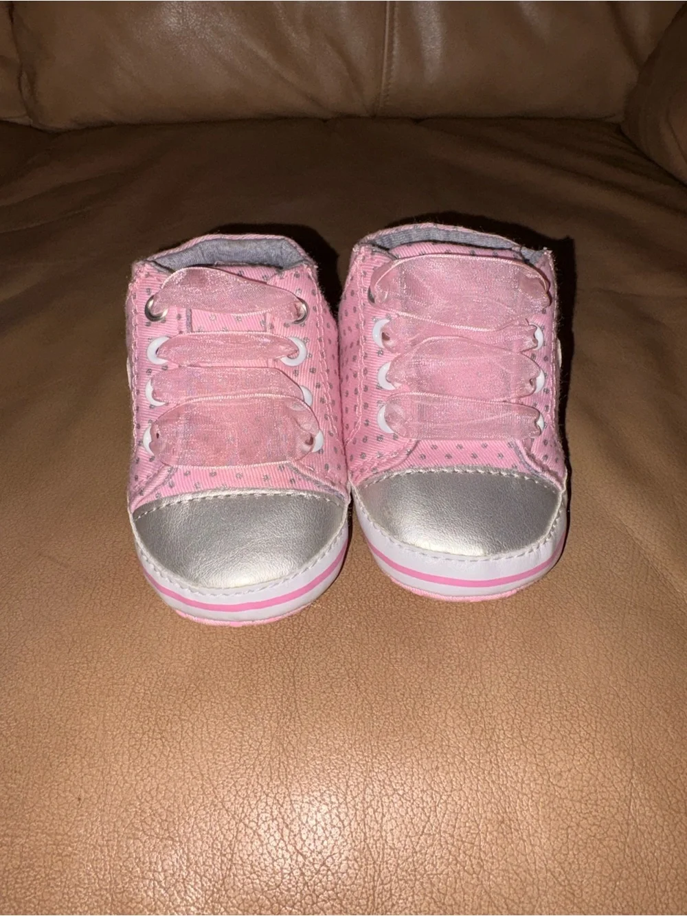 Infant Pink Lace-Up Sneakers with Silver Toe